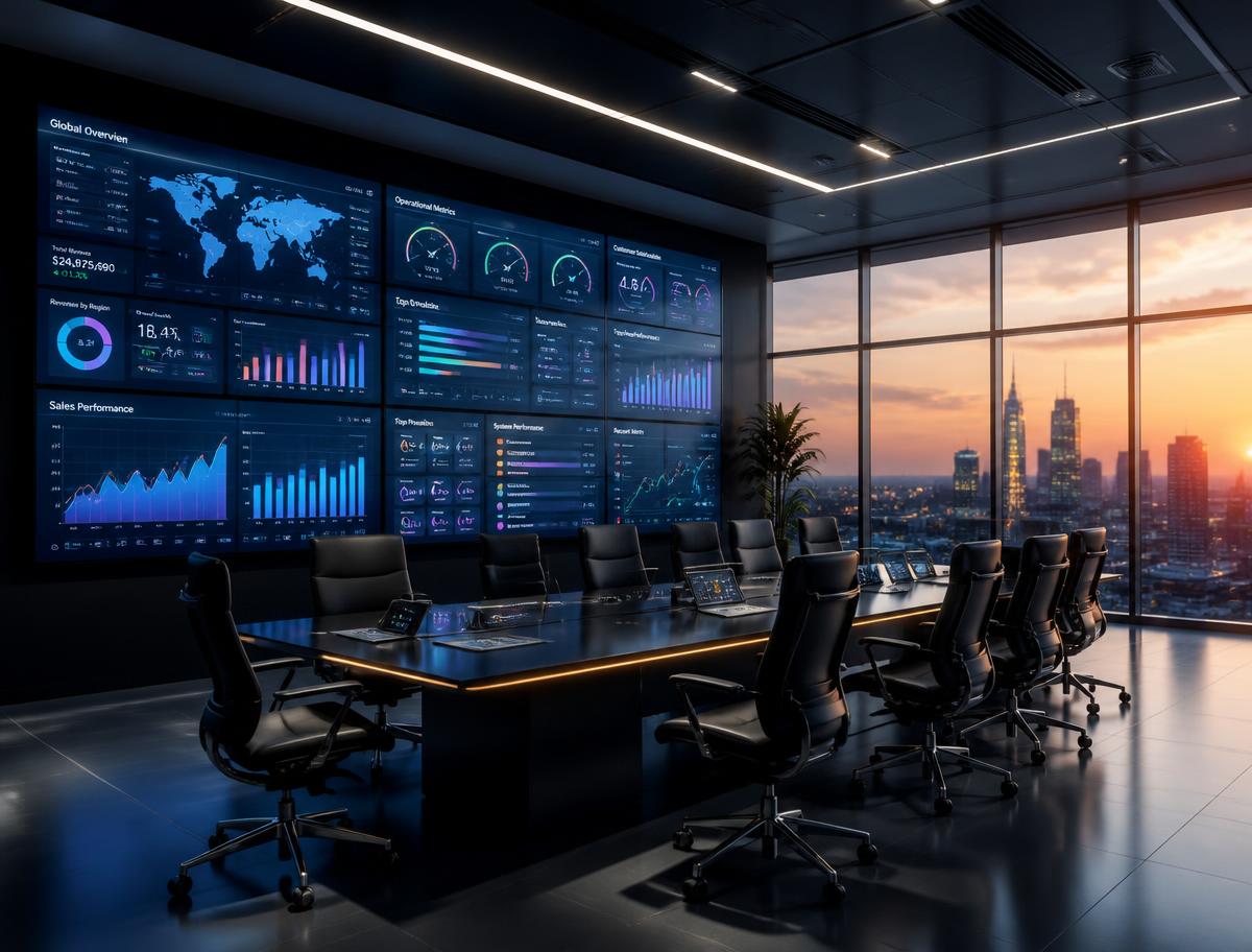 Salle de contrôle data avec tableaux de bord analytiques
